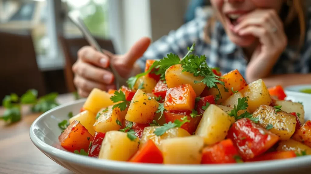 Ensalada de papa con paprika y mostaza servida en un plato blanco, decorada con perejil fresco y un toque de color rojizo típico del cielito rosado.