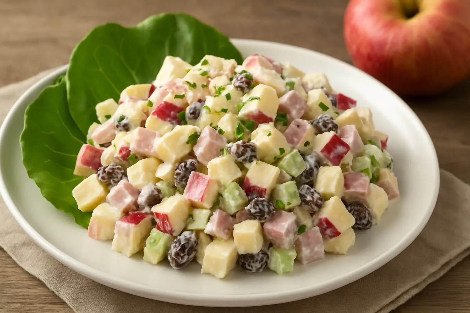 Ensalada de Queso Crema y Manzana: Una Delicia para Acompañar Tus Platos Ensalada fresca de manzana con queso crema, pasas, apio y jamón, servida sobre hojas de lechuga.