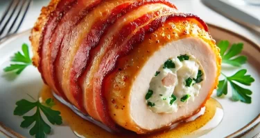 Pechuga de pollo rellena con queso crema y envuelta en tocino crujiente, servida en un plato blanco, con perejil fresco como decoración