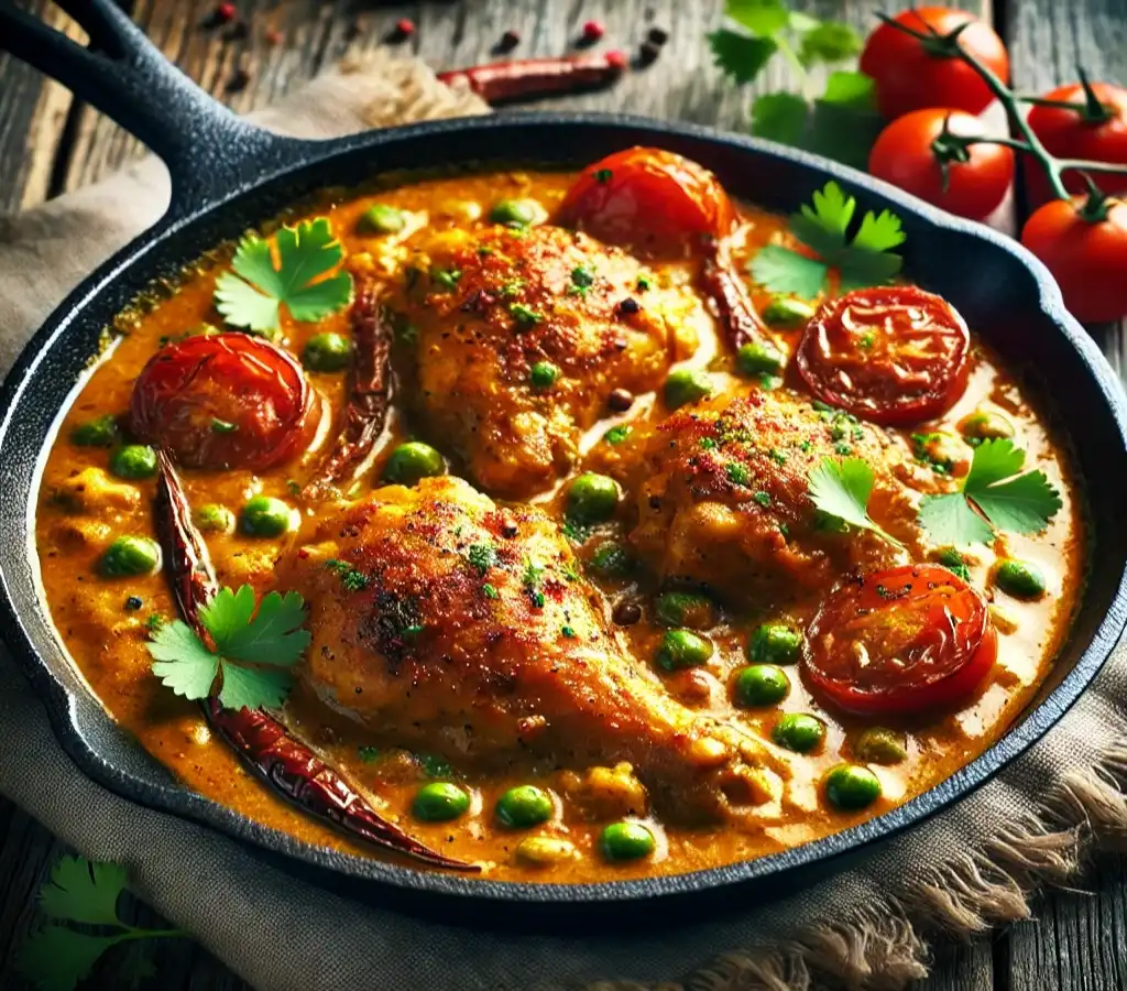 Pollo al curry cocido en sartén de hierro fundido con especias, leche de coco y guisantes