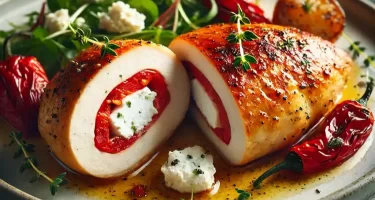 Pechuga de pollo rellena con queso de cabra y pimiento rojo asado, dorada y crujiente, decorada con tomillo fresco, servida con ensalada y papas asadas en un plato blanco