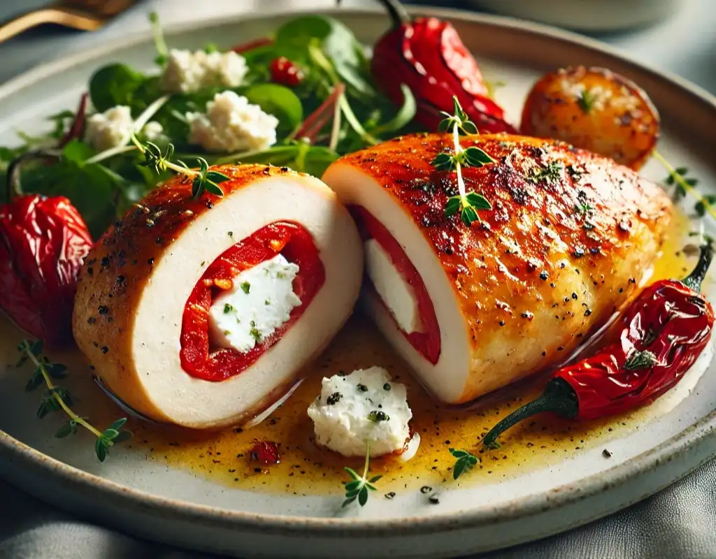 Pechuga de pollo rellena con queso de cabra y pimiento rojo asado, dorada y crujiente, decorada con tomillo fresco, servida con ensalada y papas asadas en un plato blanco