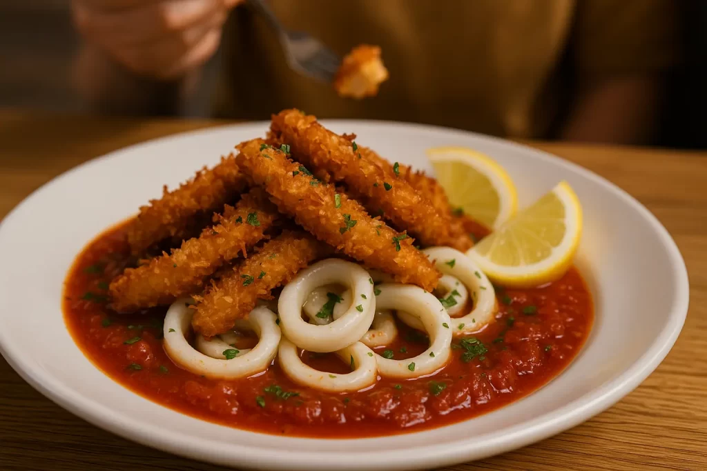 Plato servido de calamares con costra de coco crujiente, acompañados de salsa marinara y gajos de limón sobre un fondo rústico