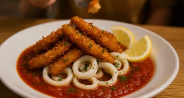 Plato servido de calamares con costra de coco crujiente, acompañados de salsa marinara y gajos de limón sobre un fondo rústico