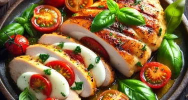 Pechuga de pollo rellena de mozzarella, tomates cherry y albahaca fresca, cocida a la perfección