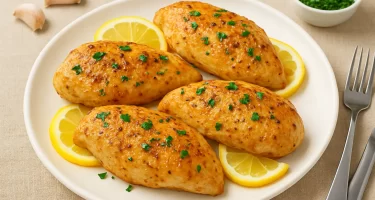 Pechugas de pollo al horno doradas, servidas sobre rodajas de limón y decoradas con perejil fresco en un plato blanco sobre una mesa.