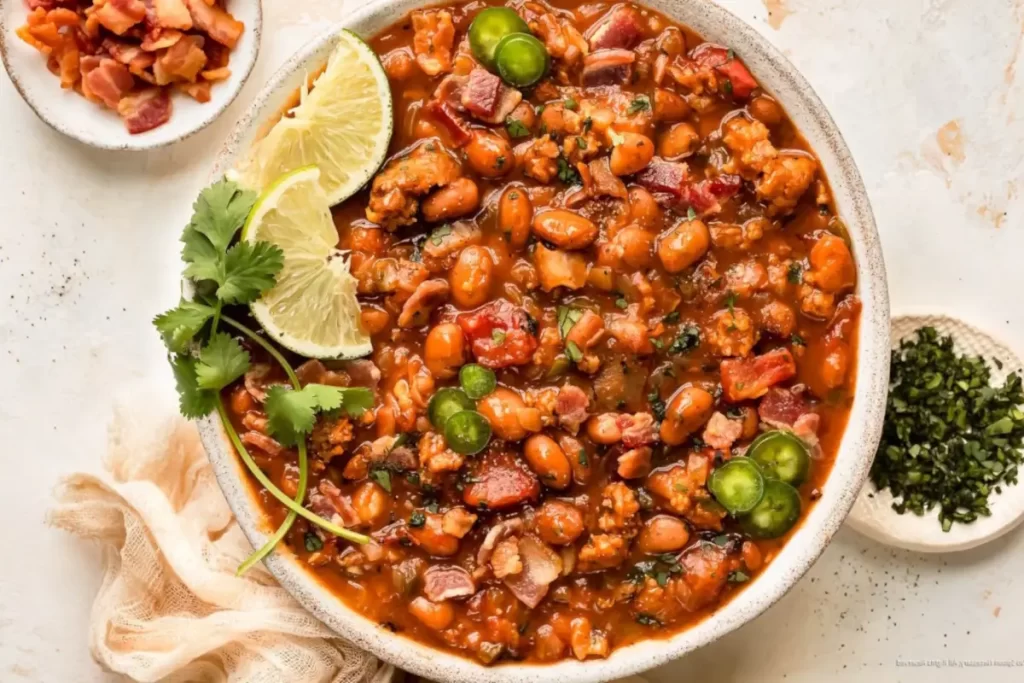 Frijoles Charros Estilo Mexicano servidos en un plato