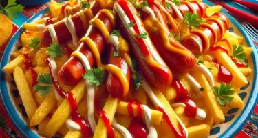 Salchipapas hondureñas con papas fritas y salchichas, acompañadas de salsas y guarniciones