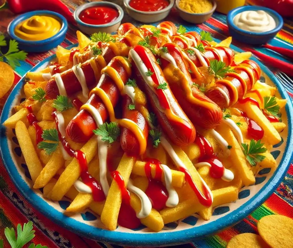 Salchipapas hondureñas con papas fritas y salchichas, acompañadas de salsas y guarniciones