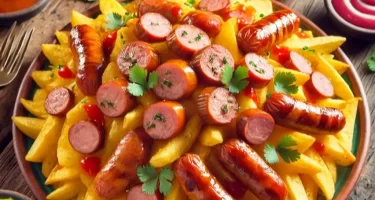 Plato de salchipapas peruanas con papas fritas crujientes y salchichas acompañadas de salsas caseras