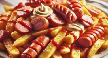 Plato de salchipapas chilenas con papas fritas crujientes, salchichas asadas, y acompañamientos de salsas y ensaladas frescas