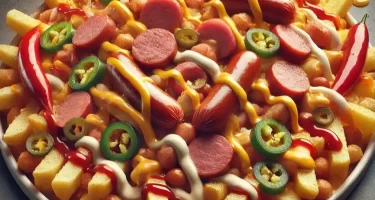 Salchipapas mexicanas servidas con papas fritas, salchichas doradas, queso nacho, jalapeños y salsas