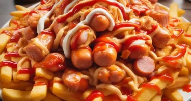 Plato de salchipapas ecuatorianas con papas crujientes, salchichas en trozos pequeños y salsas como ketchup, mayonesa y ají, servido en un ambiente callejero festivo